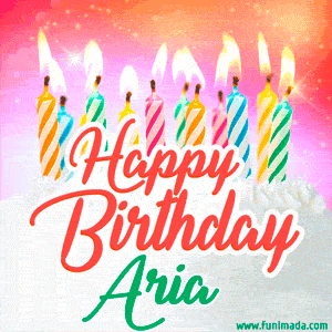 Happy Birthday GIF for Aria with Birthday Cake and Lit Candles