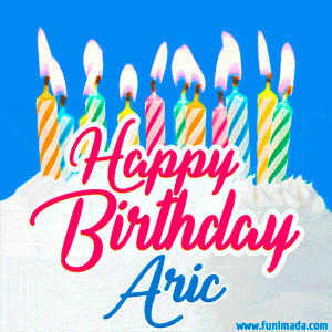 Happy Birthday GIF for Aric with Birthday Cake and Lit Candles