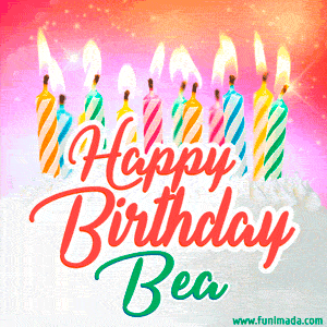 Happy Birthday GIF for Bea with Birthday Cake and Lit Candles