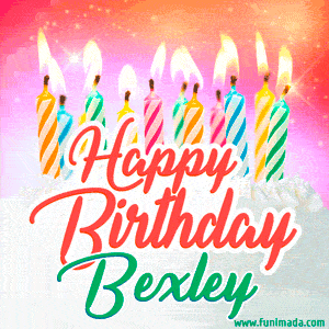 Happy Birthday GIF for Bexley with Birthday Cake and Lit Candles