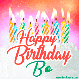 Happy Birthday GIF for Bo with Birthday Cake and Lit Candles