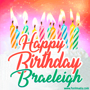 Happy Birthday GIF for Braeleigh with Birthday Cake and Lit Candles