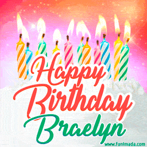 Happy Birthday GIF for Braelyn with Birthday Cake and Lit Candles