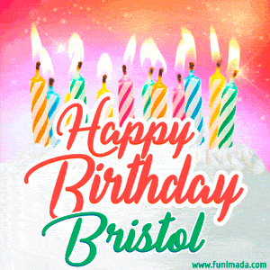 Happy Birthday GIF for Bristol with Birthday Cake and Lit Candles
