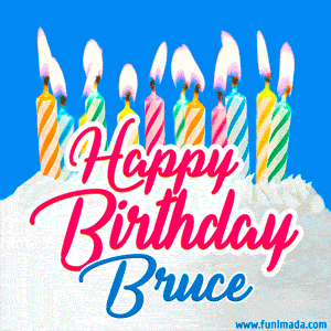 Happy Birthday GIF for Bruce with Birthday Cake and Lit Candles