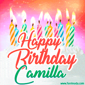 Happy Birthday GIF for Camilla with Birthday Cake and Lit Candles