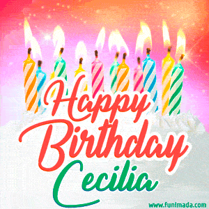 Happy Birthday GIF for Cecilia with Birthday Cake and Lit Candles