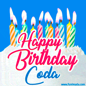 Happy Birthday GIF for Coda with Birthday Cake and Lit Candles