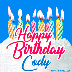 Happy Birthday GIF for Cody with Birthday Cake and Lit Candles