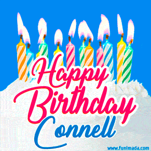 Happy Birthday GIF for Connell with Birthday Cake and Lit Candles