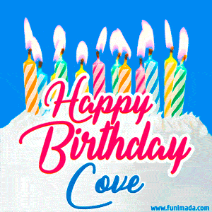 Happy Birthday GIF for Cove with Birthday Cake and Lit Candles