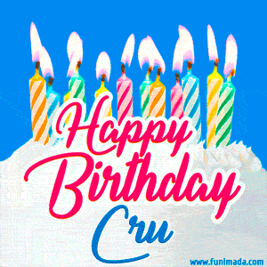 Happy Birthday GIF for Cru with Birthday Cake and Lit Candles