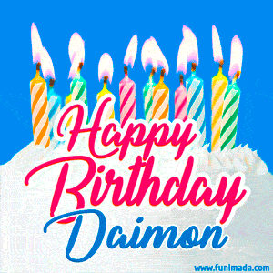 Happy Birthday GIF for Daimon with Birthday Cake and Lit Candles