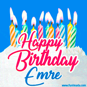 Happy Birthday GIF for Emre with Birthday Cake and Lit Candles