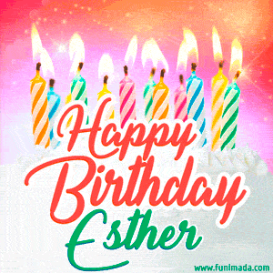 Happy Birthday GIF for Esther with Birthday Cake and Lit Candles
