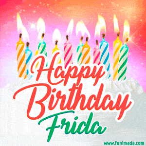 Happy Birthday GIF for Frida with Birthday Cake and Lit Candles