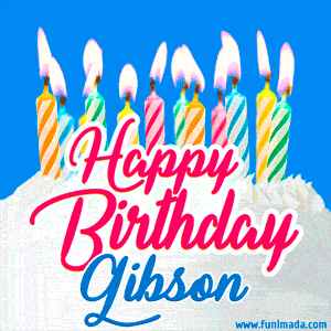 Happy Birthday GIF for Gibson with Birthday Cake and Lit Candles