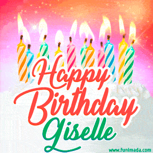 Happy Birthday GIF for Giselle with Birthday Cake and Lit Candles