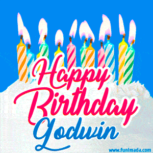 Happy Birthday GIF for Godwin with Birthday Cake and Lit Candles