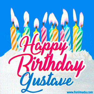 Happy Birthday GIF for Gustave with Birthday Cake and Lit Candles