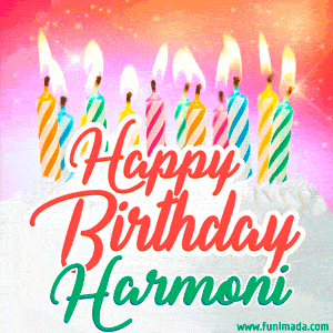 Happy Birthday GIF for Harmoni with Birthday Cake and Lit Candles