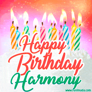 Happy Birthday GIF for Harmony with Birthday Cake and Lit Candles