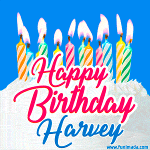 Happy Birthday GIF for Harvey with Birthday Cake and Lit Candles