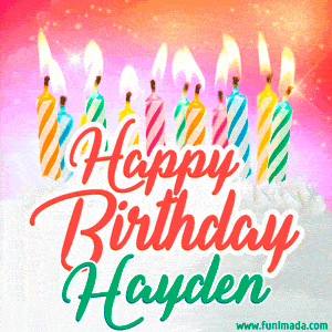 Happy Birthday GIF for Hayden with Birthday Cake and Lit Candles