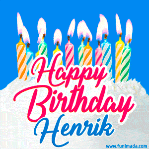 Happy Birthday GIF for Henrik with Birthday Cake and Lit Candles