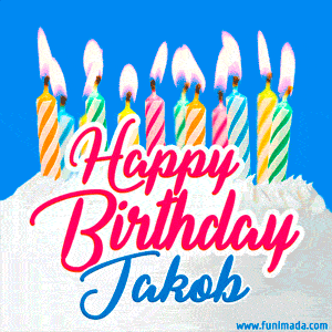 Happy Birthday GIF for Jakob with Birthday Cake and Lit Candles
