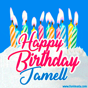 Happy Birthday GIF for Jamell with Birthday Cake and Lit Candles