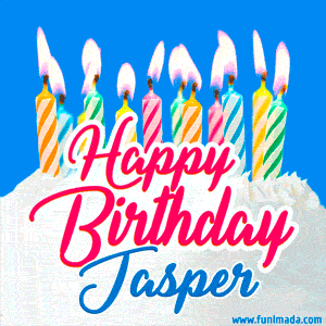 Happy Birthday GIF for Jasper with Birthday Cake and Lit Candles