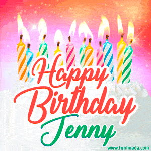Happy Birthday GIF for Jenny with Birthday Cake and Lit Candles