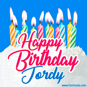 Happy Birthday GIF for Jordy with Birthday Cake and Lit Candles