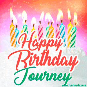 Happy Birthday GIF for Journey with Birthday Cake and Lit Candles