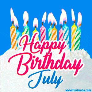 Happy Birthday GIF for July with Birthday Cake and Lit Candles