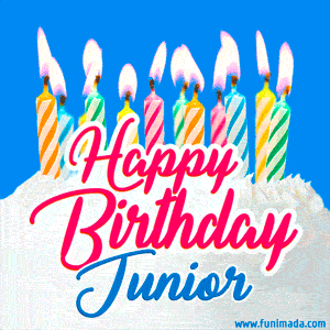 Happy Birthday GIF for Junior with Birthday Cake and Lit Candles