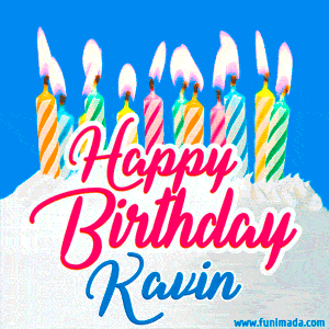Happy Birthday GIF for Kavin with Birthday Cake and Lit Candles