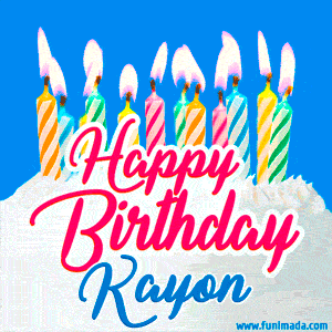 Happy Birthday GIF for Kayon with Birthday Cake and Lit Candles
