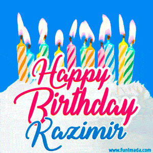 Happy Birthday GIF for Kazimir with Birthday Cake and Lit Candles
