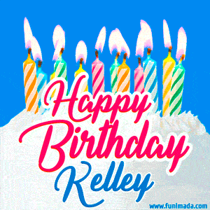 Happy Birthday GIF for Kelley with Birthday Cake and Lit Candles
