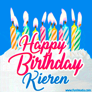 Happy Birthday GIF for Kieren with Birthday Cake and Lit Candles