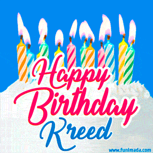 Happy Birthday GIF for Kreed with Birthday Cake and Lit Candles