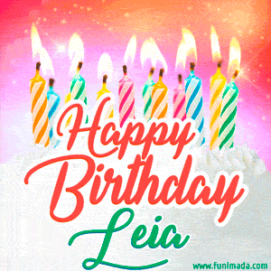 Happy Birthday GIF for Leia with Birthday Cake and Lit Candles