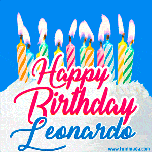 Happy Birthday GIF for Leonardo with Birthday Cake and Lit Candles