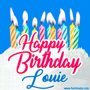 Happy Birthday GIF for Louie with Birthday Cake and Lit Candles