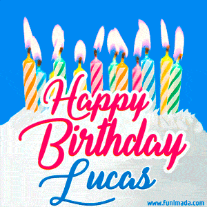 Happy Birthday GIF for Lucas with Birthday Cake and Lit Candles
