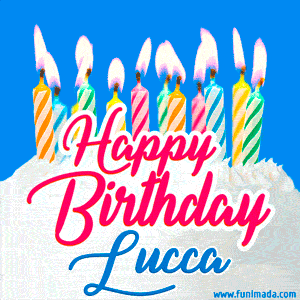 Happy Birthday GIF for Lucca with Birthday Cake and Lit Candles
