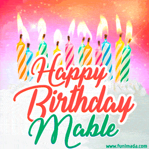 Happy Birthday GIF for Mable with Birthday Cake and Lit Candles