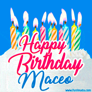 Happy Birthday GIF for Maceo with Birthday Cake and Lit Candles